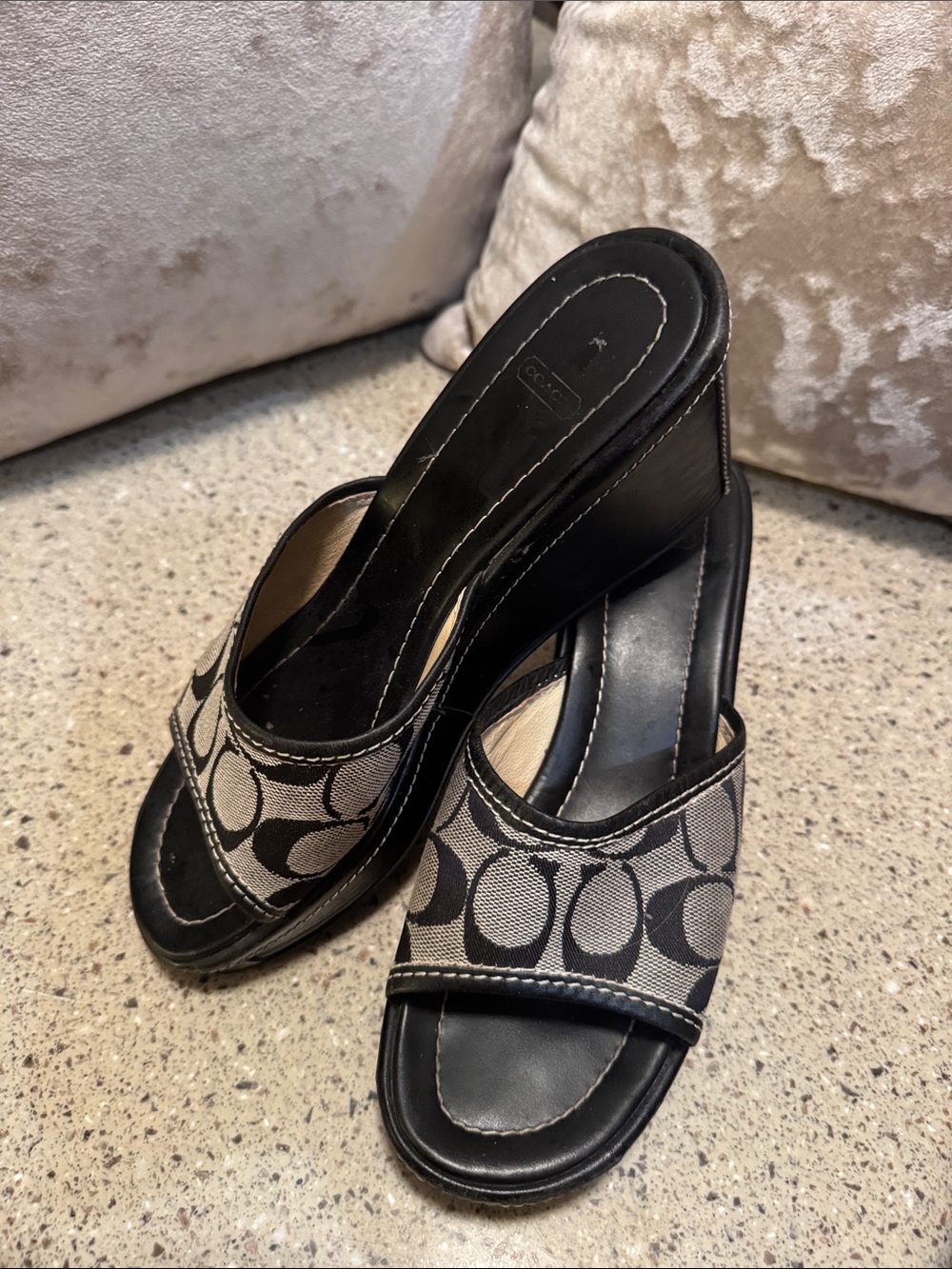 Coach Black and Beige Signature Canvas Wedge Slides